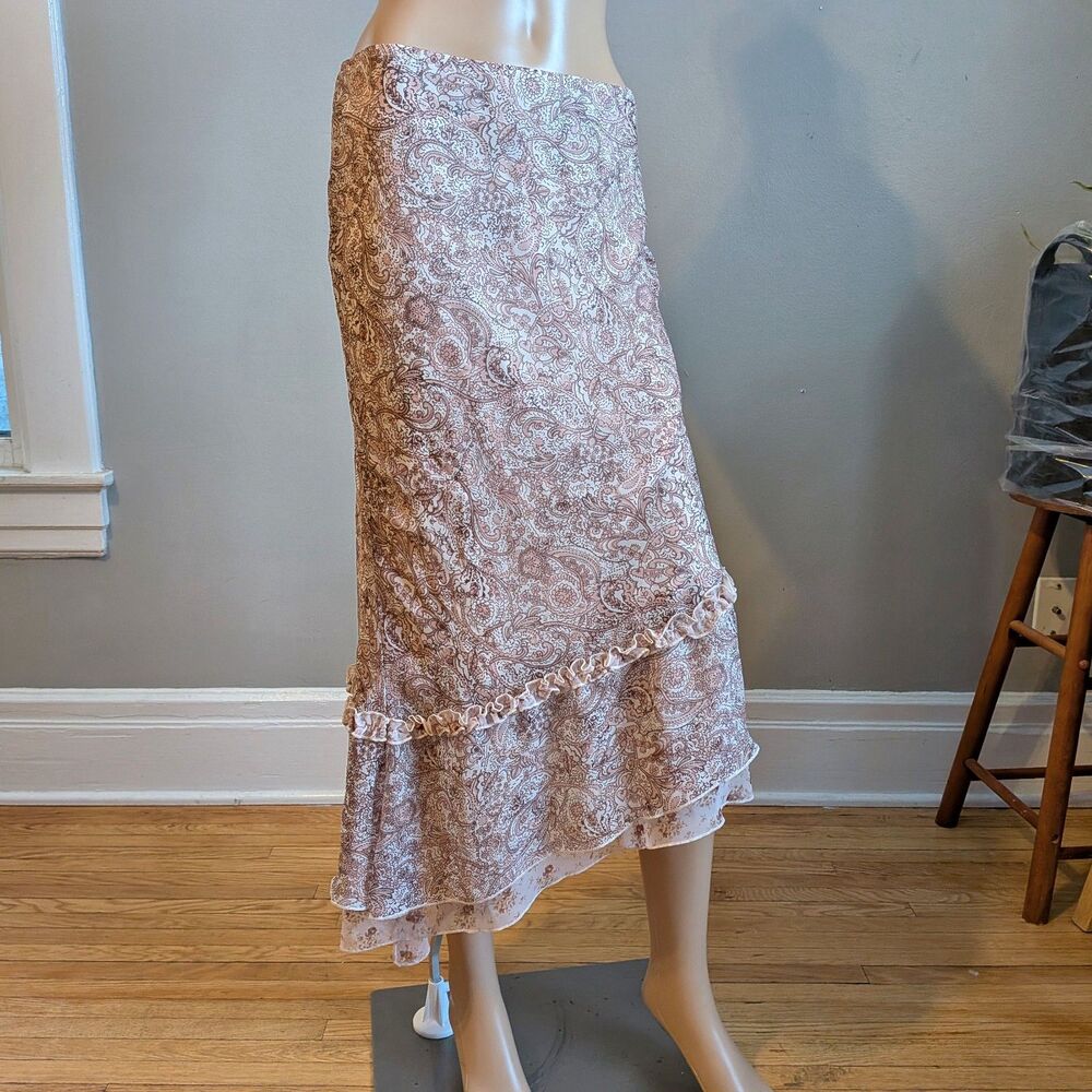 Vintage Y2K G-Dresses Floral Paisley Midi Skirt Ruffle Fairycore Size 7